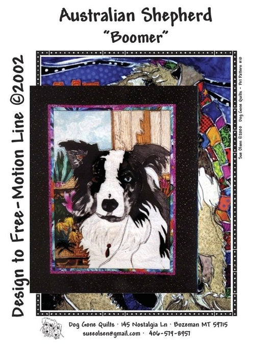 Australian Shepherd “Boomer” Quilt Pattern, Approximately Size 20” x 25”, Design to Free-Motion Line from Dog Gone Quilts