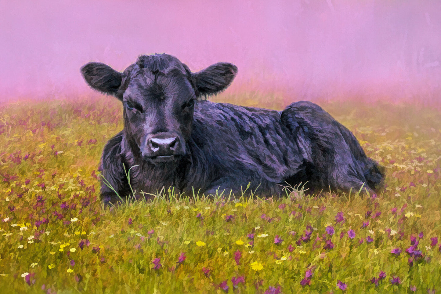 Fun Size Black Angus Calf in Flowers Fabric Panel - FUN-026