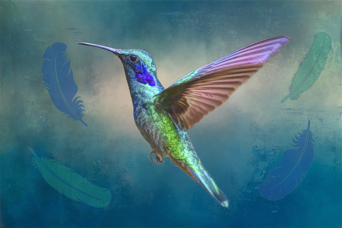 Bejeweled Beauty Hummingbird in Flight with Feathers Fabric Panel- BHB-013C