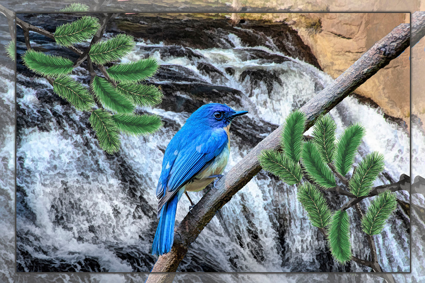 Bluebird Over Waterfall Fabric Panel - BRB-008C