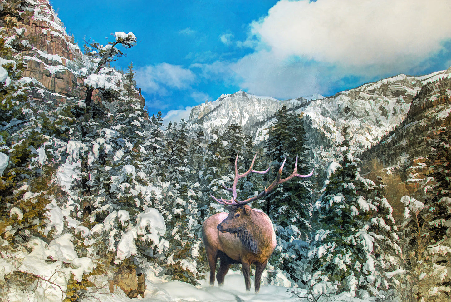 Bull Elk in Snowy Mountains Fabric Panel - ANW-010C