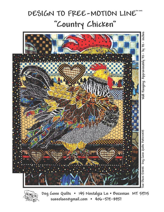 Country Chicken Quilt Pattern, Approximately Size 32” x 32”, Design to Free-Motion Line from Dog Gone Quilts
