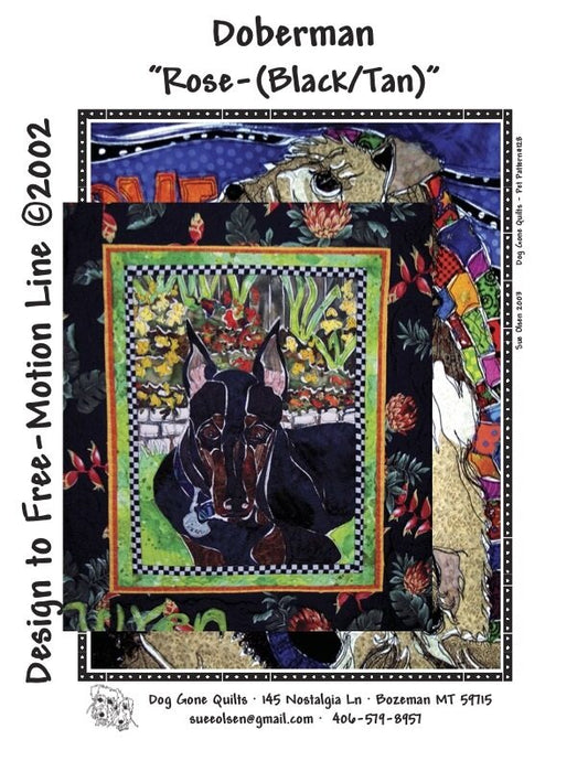 Doberman "Rose” Quilt Pattern, Approximately Size 20” x 25”, Design to Free-Motion Line from Dog Gone Quilts