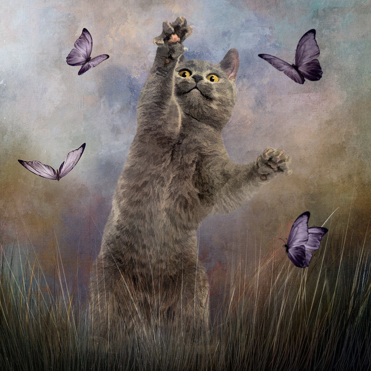 Gray Kitten with Butterflies Fabric Panel - ADP-007C