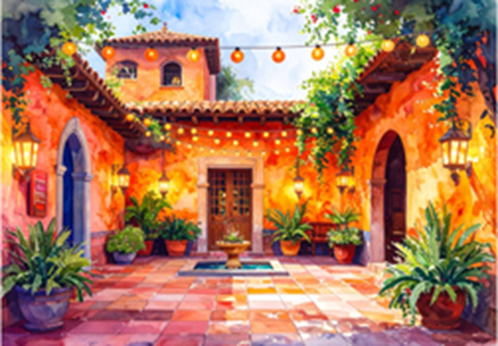 Fun Size Watercolor Hacienda Courtyard Fabric Panel - FUN-103