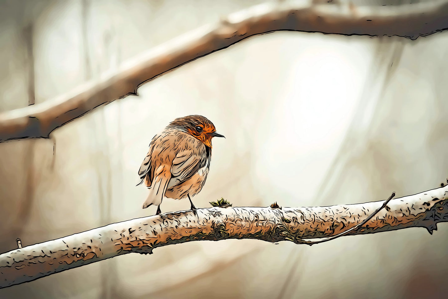 Illustrated Bird on a Limb Fabric Panel - BOS-004C