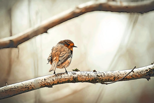 Illustrated Bird on a Limb Fabric Panel - BOS-004C