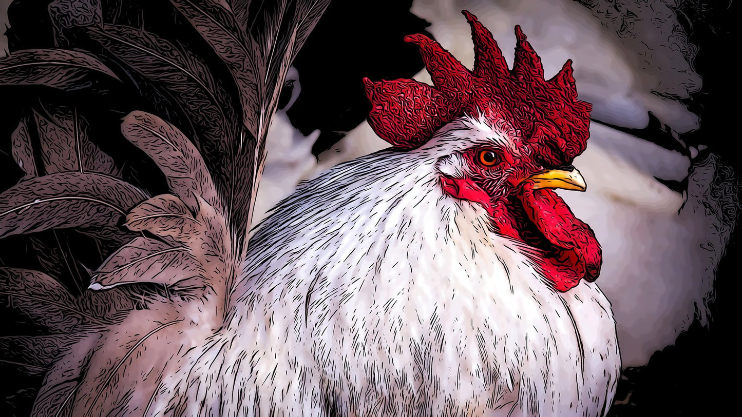 Illustrated White Rooster Fabric Panel - BCR-006C