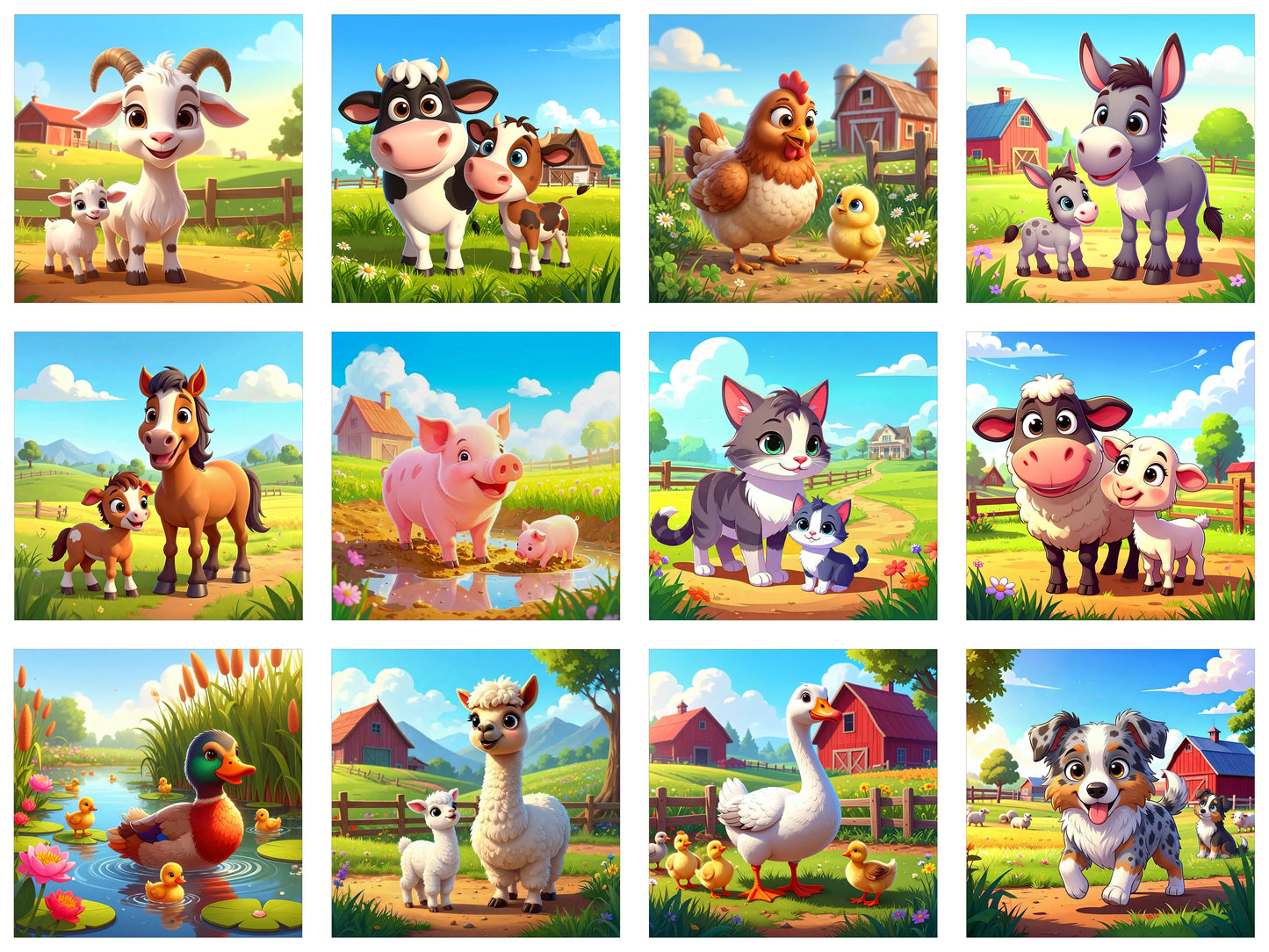 12 (Ten-Inch) Blocks Animated Baby Farm Animals Fabric Panel - ANI-039
