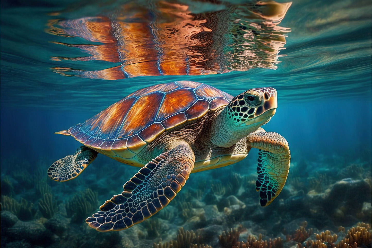 Sea Turtle Reflection Fabric Panel - OCE-018C