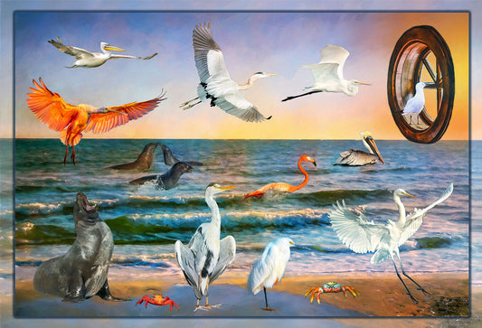 Porthole to the Sun Birds Fabric Panel - BLB-013C