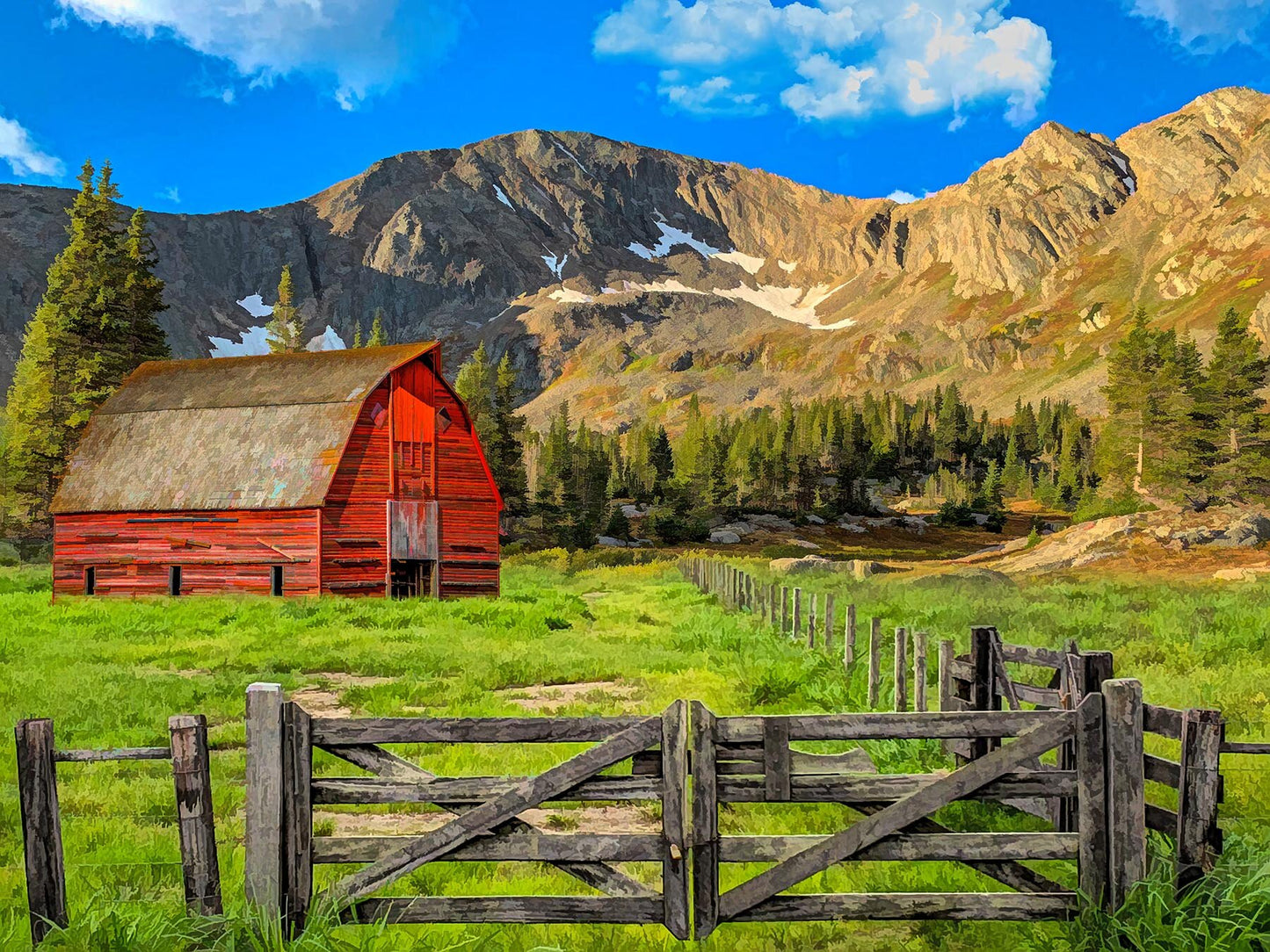 Red Barn Mountain Scene Fabric Panel - FAR-011C