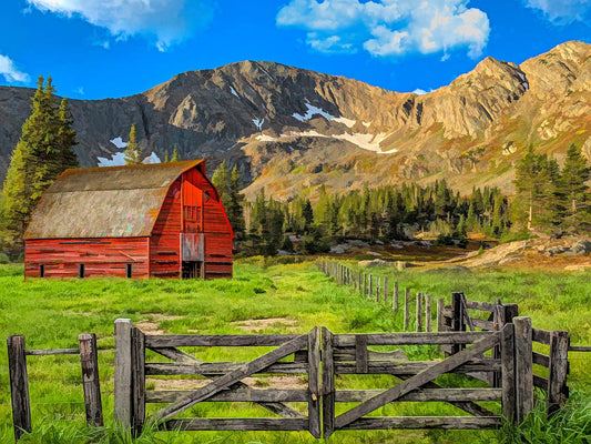 Red Barn Mountain Scene Fabric Panel - FAR-011C