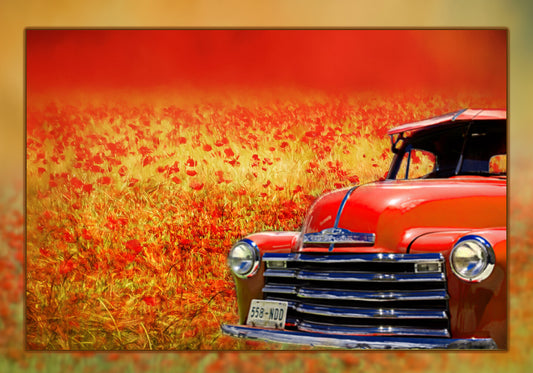 Red Truck Poppy Field Fabric Panel - TVT-009C