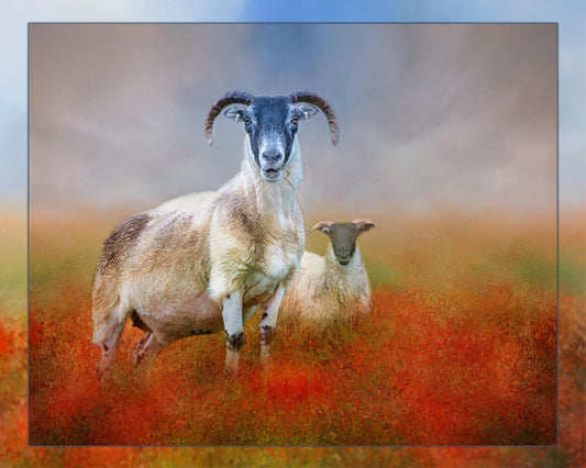 Two Highland Sheep in Flowers Fabric Panel - AFF-007C