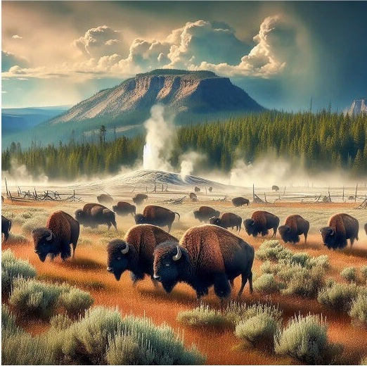 Buffalo at Old Faithful Fabric Panel - ANW-056C