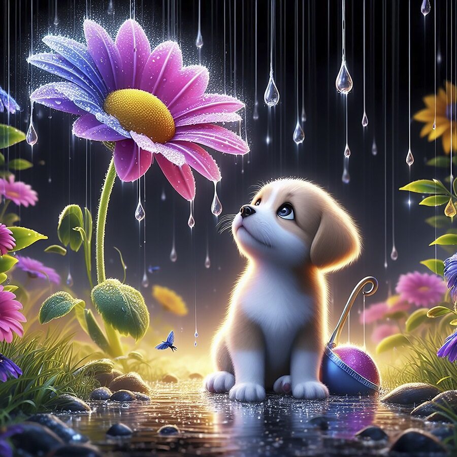 Animated Puppy in the Rain Quilt Panel - ANI-001C