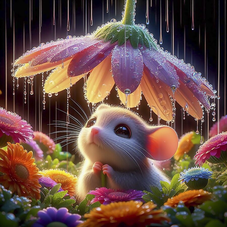 Animated Mouse in the Rain Quilt Panel - ANI-002C