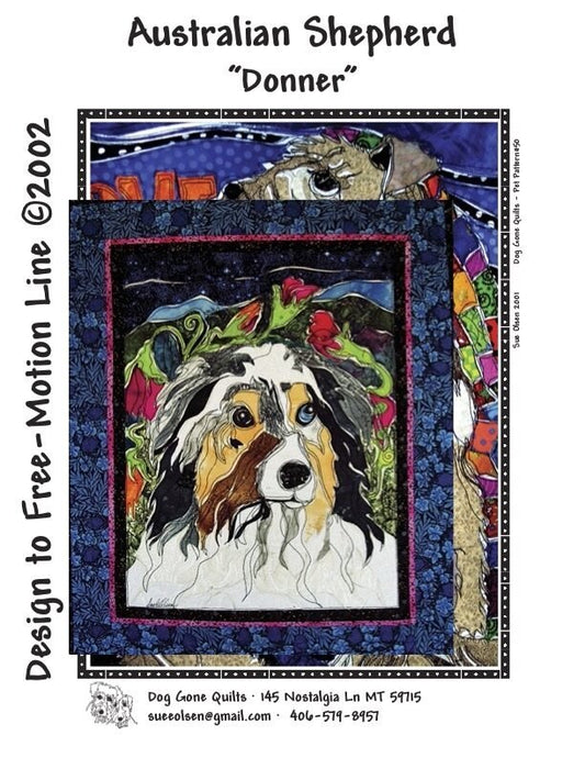 Australian Shepherd “Donner” Quilt Pattern, Approximately Size 20” x 25”, Design to Free-Motion Line from Dog Gone Quilts