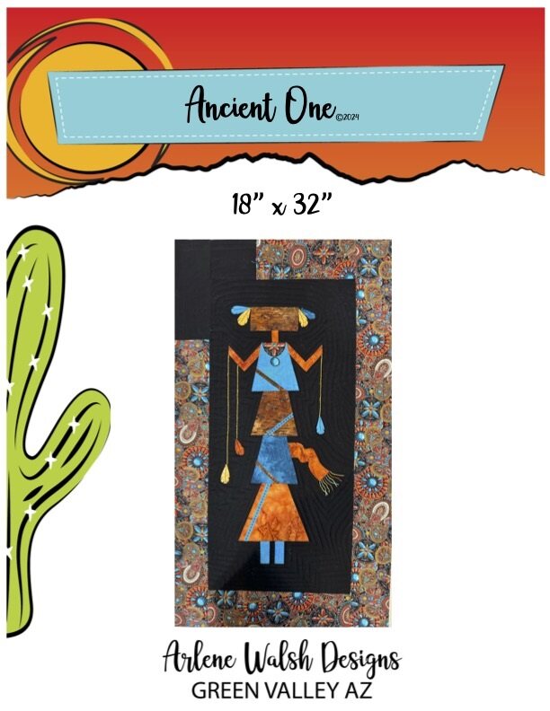 Arlene Walsh southwest pattern and fabric kit features spirit dancer, rattles, feathers, applique, pieced border. Kit material will differ from pattern photo - please view back of package for fabric selection.