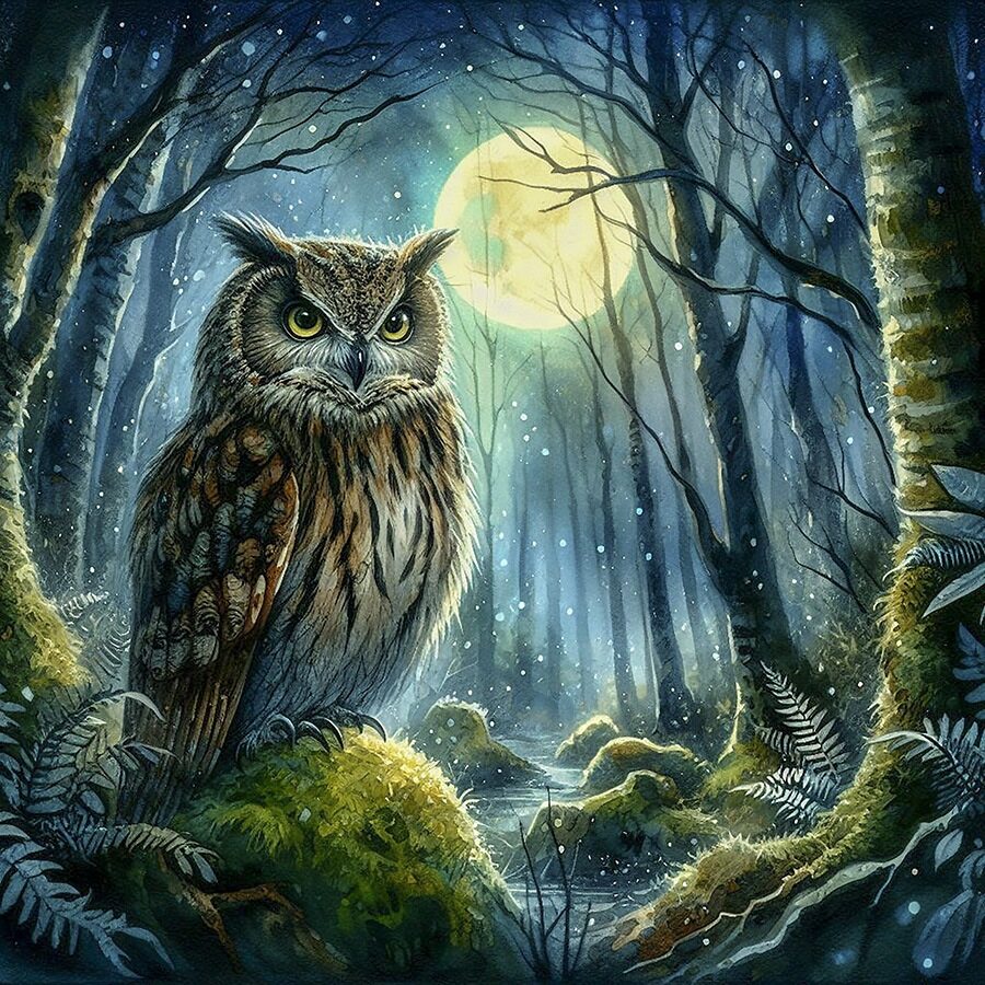Animated Owl Watching Under the Moon Quilt Panel - ANI-003C