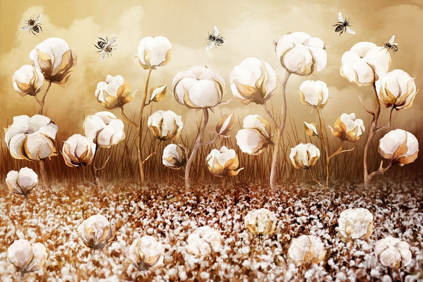 Out in the Cotton Field Fabric Panel - FLR-049C