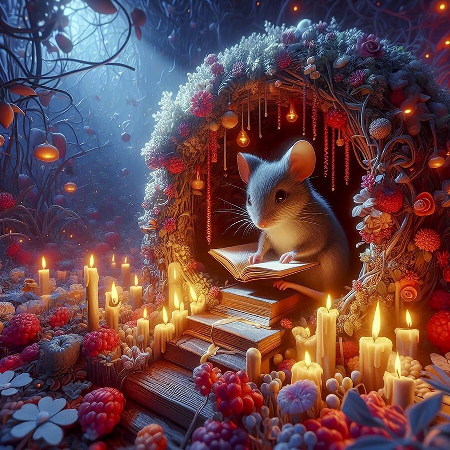 Animated Mouse Reading by Candlelight Quilt Panel - ANI-004C