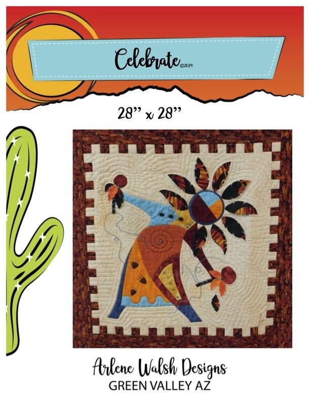 Arlene Walsh southwest pattern and fabric kit features spirit dancer, rattles, feathers, applique, pieced border. Kit material will differ from pattern photo.
