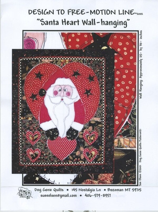 Santa Heart Quilt Pattern, Approximately Size 25” x 30”, Design to Free-Motion Line from Dog Gone Quilts