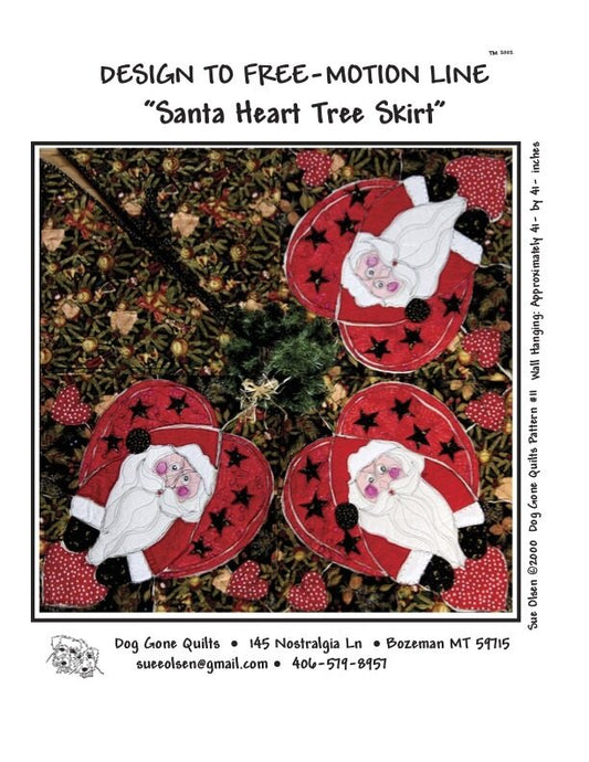Santa Heart Tree Skirt Quilt Pattern, Approximately Size 41” x 41”, Design to Free-Motion Line from Dog Gone Quilts