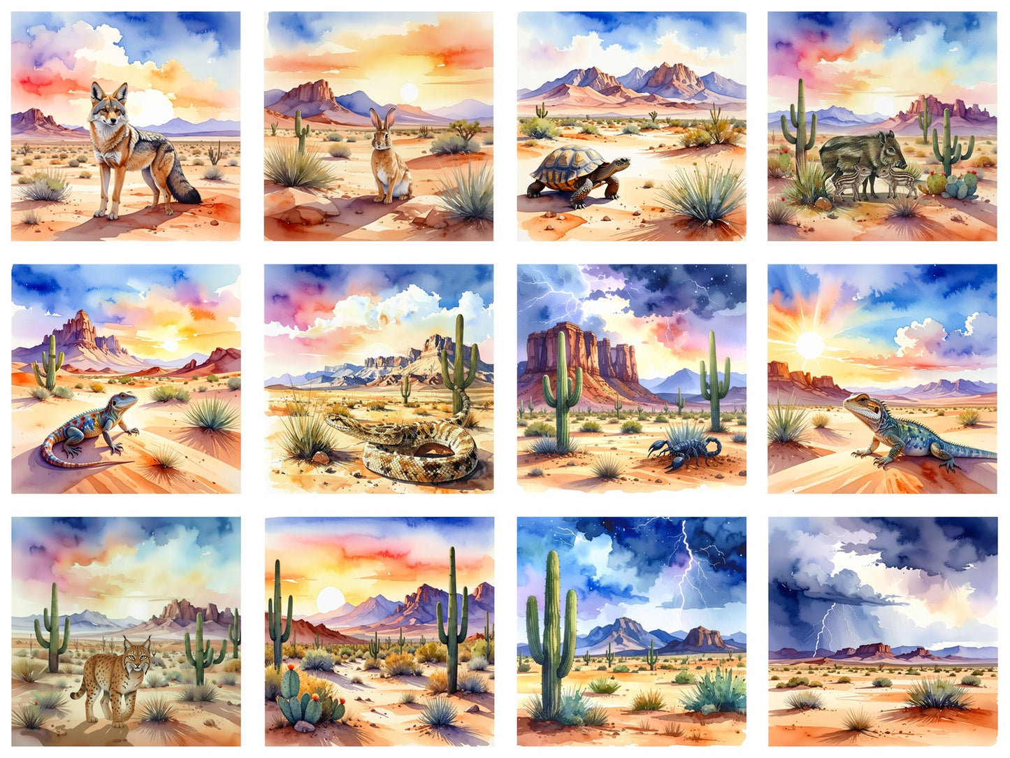 Watercolor Desert Animal Scenes Fabric Panel - ANI-037