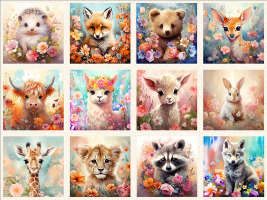 12 Block Animated Baby Animal Fabric Panel - ANI-029