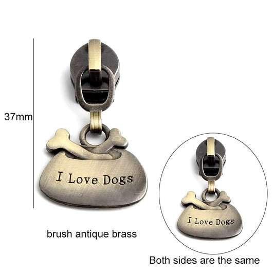 ZP-103AB - Dog Bowl Zipper Pull - Brushed Antique Brass - Dog Lover Metal Zipper Slider 5#