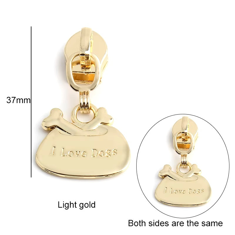 ZP-103LG - Dog Bowl Zipper Pull - Light Gold - Dog Lover Metal Zipper Slider 5#