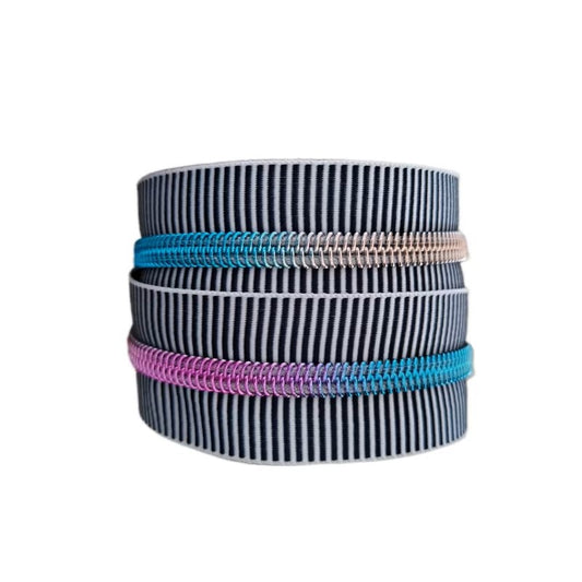 Z-118B - Dark Navy Stripe Tape/Metalic Rainbow B Teeth Size 5 - 3 yards / 2.75 meters (180 inches / 275 cm)