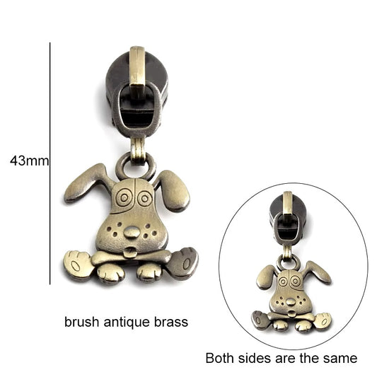 ZP-102AB - Dog with Bone Zipper Pull - Brushed Antique Brass - Dog Lover Metal Zipper Slider 5#