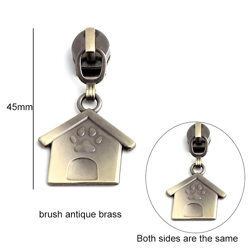 ZP-101AB - Doghouse Zipper Pull - Brush Antique Brass - Dog Lover Metal Zipper Slider 5# 