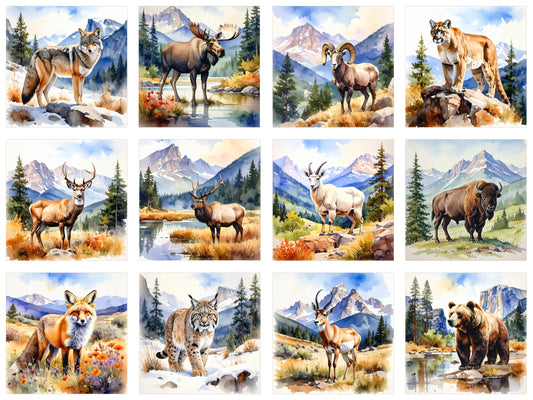 12 Block Watercolor Forest Animals Fabric Panel - ANI-038