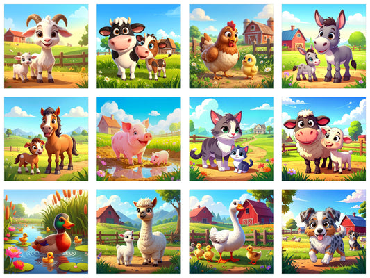 12 Block Watercolor Baby Farm Animals Fabric Panel - ANI-039