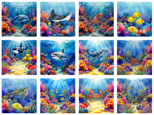 Twelve 10-Inch Blocks Under the Sea Fabric Panel - ANI-042