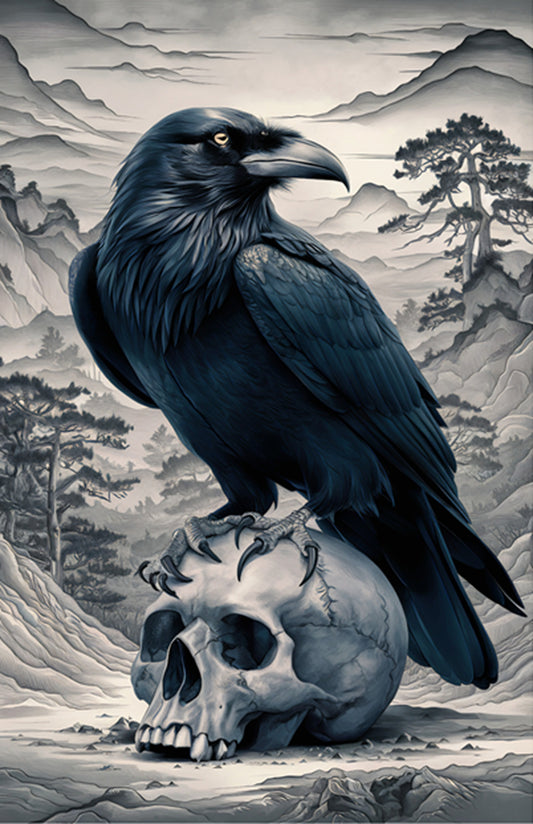 Animated Raven and Skull Fabric Panel - ANI-035