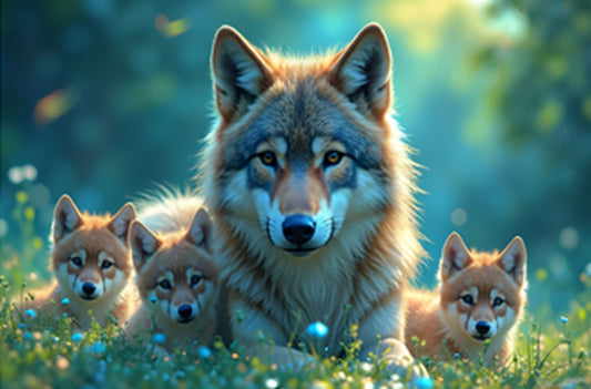 Fun Size Gray Wolf Family Fabric Panel - FUN-025