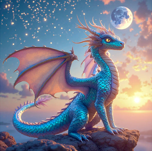 Animated Blue Full Moon Dragon Quilt Panel - ANI-028
