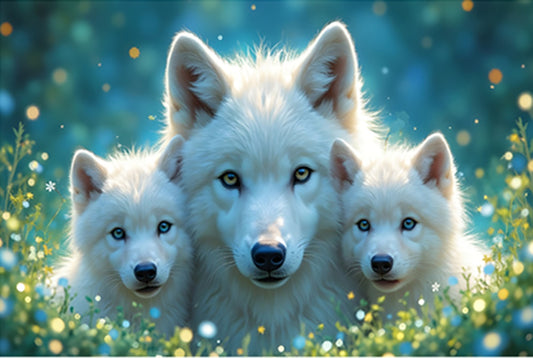 Fun Size White Wolf Family Fabric Panel - FUN-022