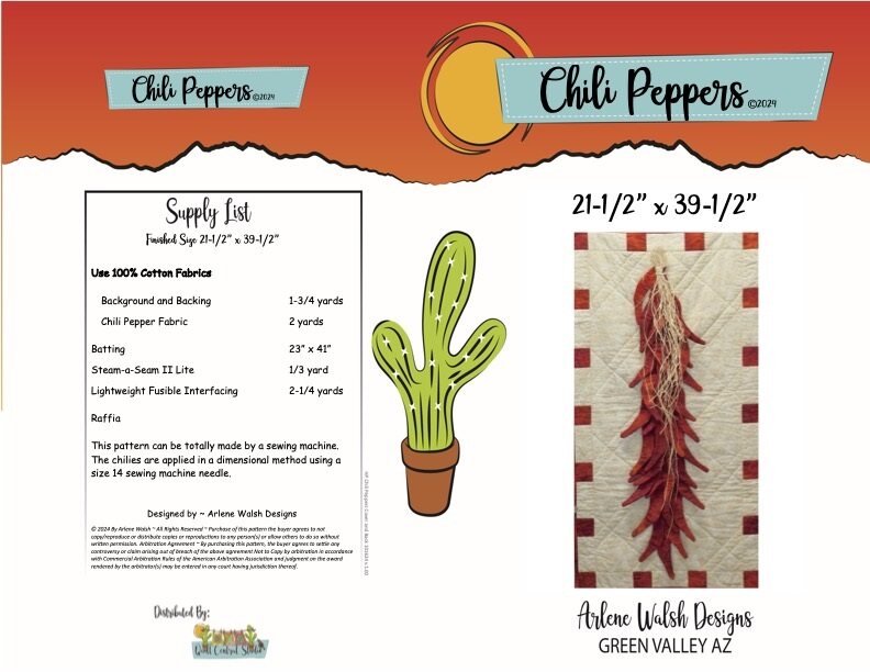 Chili Peppers Quilt Pattern - An Arlene Walsh Design, Southwest Pattern, Fused Applique