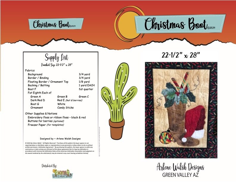 Christmas Boot Quilt Pattern - An Arlene Walsh Design, Southwest Pattern, Fused Applique