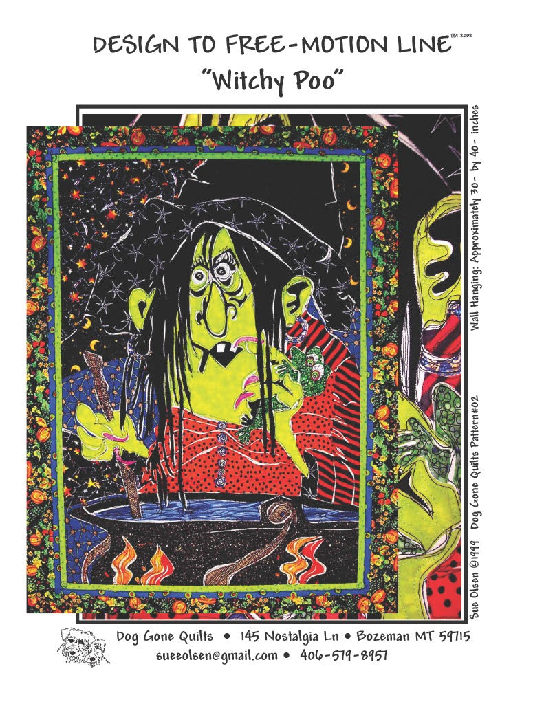 Witchy Poo Quilt Pattern, Approximately Size 30” x 40”, Design to Free-Motion Line from Dog Gone Quilts